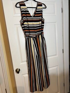 Worthington Black Multi-Stripe Sleeveless Jumpsuit with V-Neck